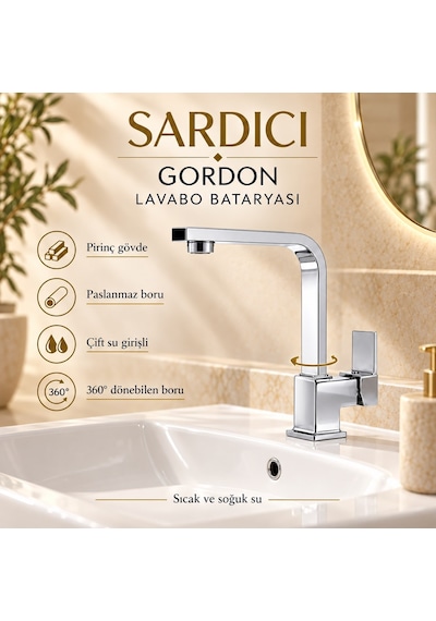 Sardıcı Gordon 3 Lü Mutfak Lavabo Banyo Batarya Seti Pirinç Gövde Çift Su Girişli Krom