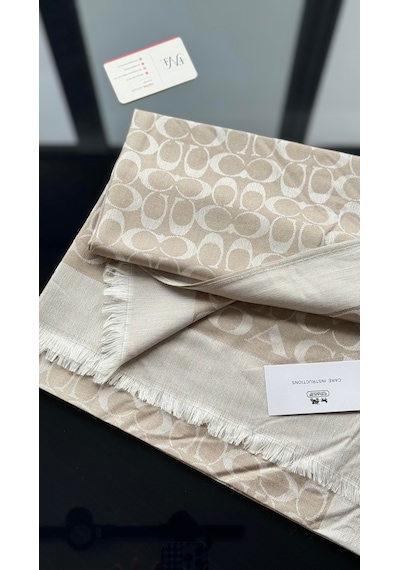 Miorel Scarfs C Desen Çift Taraflı Kaşmir İpek Şal 4 Mevsim Pamuk Şal Bej Krem