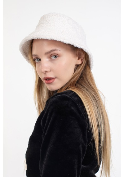 Ladycolor Şapka Kıvırcık Peluş Kumaş Bucket Modeli Krem Krem