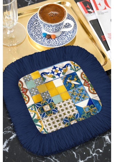Akdeniz Patchwork Püsküllü Sunum Peçetesi - İtalyan Mozaik Bohem Lacivert Bardak Altlığı Mendil Çok Renkli