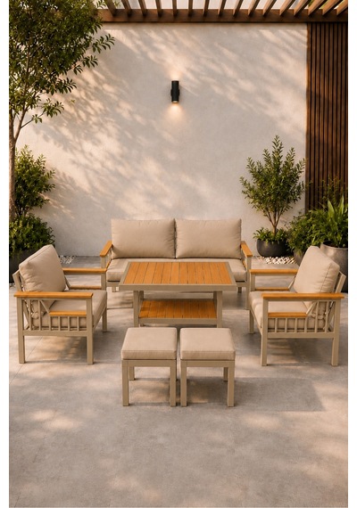 Sole Serisi Balkon Takımı, 2-1-1 Cappuccino Bahçe Takımı, 2'li Koltuk 70x150, 2 Tekli Koltuk 70x70, Masa 70x110, 2 Puf Bej Sole Serisi Balkon Takımı, 2-1-1 Cappuccino Bahçe Takımı, 2'li Koltuk 70x150, 2 Tekli Koltuk 70x70, Masa 70x110, 2 Puf Bej