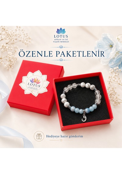 Sakinleştirici Safravi Doğal Taş Bileklik Akuamarin, Kristal Kuvars & Havlit