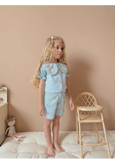 Jolly Kids Kız Çocuk Mavi Kot Gömlekli Şortlu Denim Takım Mavi