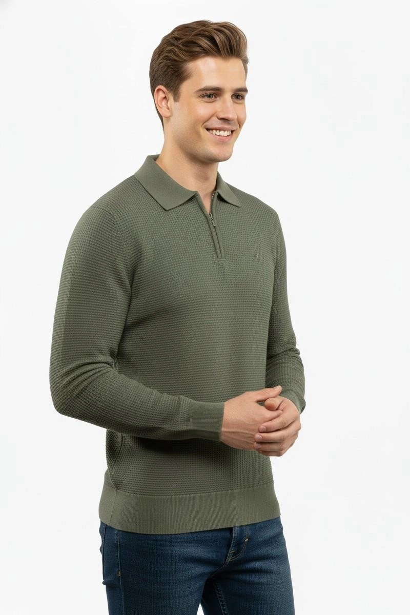 Çizgi Erkek Fermuarlı Polo Yaka Triko Kazak 5240f Bgl-st04852 Yeşil