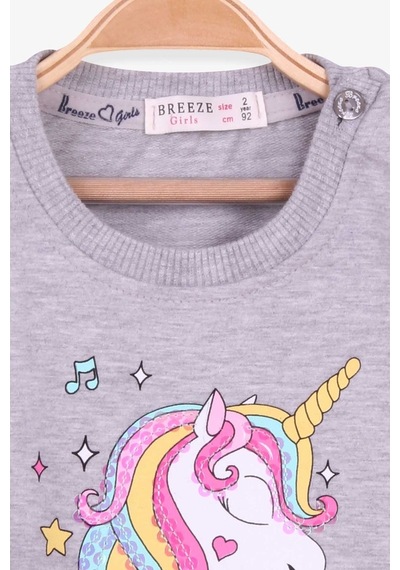 Breeze Kız Çocuk Sweatshirt Baskılı Pullu Unicorn 2-6 Yaş, Gri Me (541263997) Çok Renkli