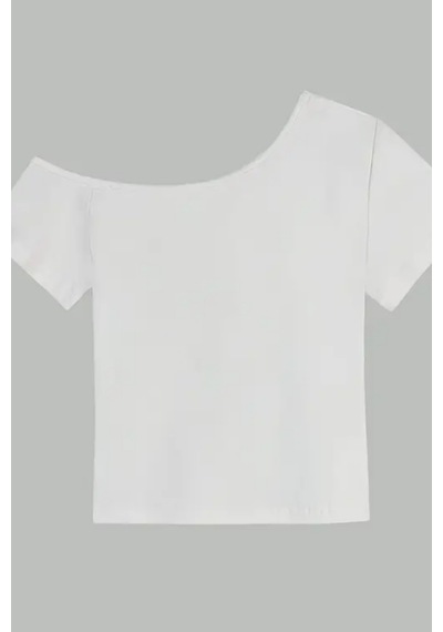 Beyaz Kadın Düşük Omuz Kayık Yaka Dar/slim Likralı T-shirt Beyaz