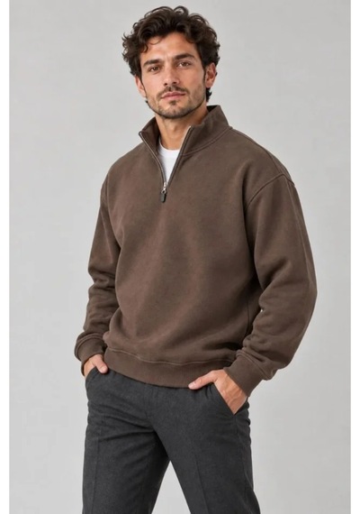 Butik İstanbul Erkek Üç İplik İçi Şardonlu Dik Yaka Yarım Fermuarlı Kışlık Sweatshirt - Kahverengi
