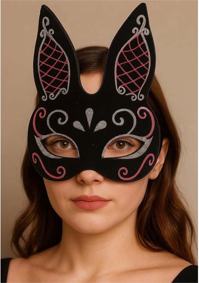 Siyah Renk Kırmızı Beyaz Simli Siyah Süet Kaplama Tavşan Maskesi 18x16 Cm - Parti Gözlüğü & Maske 0 - 99