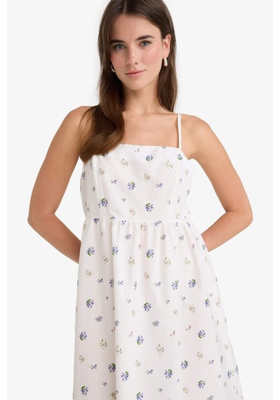 Defacto Kare Yaka Floral Poplin Askılı Midi Elbise F8909ax25auwt32 Beyaz