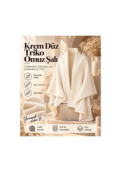 Comerciante Krem Düz Triko Kadın Omuz Şalı Yumuşak Dokulu Kışlık Şal 70x175 Cm %100 Akrilik Ekru - 930337046 Ekru