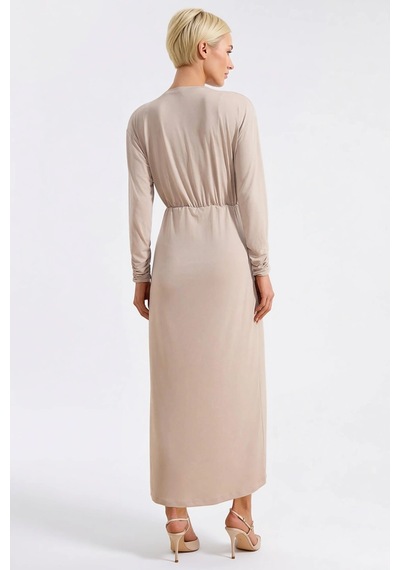 Benerly Kadın Maxi Elbise Bodycon Kayık Yaka Uzun Kol Örme Sandy Kumaş Dü Bej