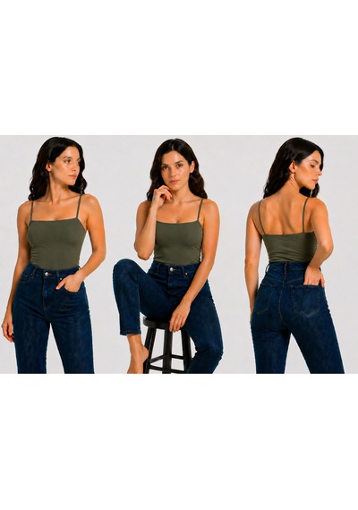İngegno Body İp Askılı Model Örme Ring Kumaş Viskon Kadın Body Haki