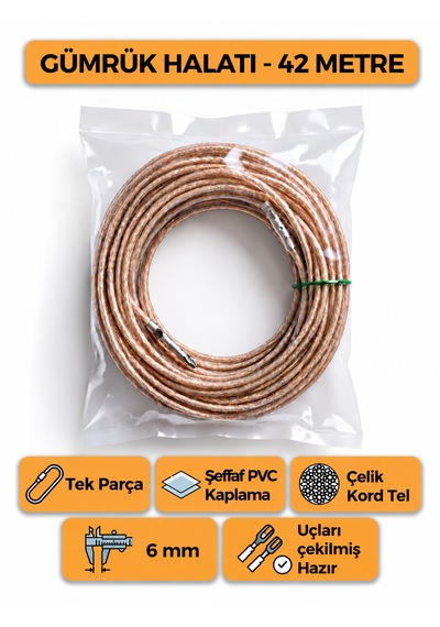 Tır Dorse Kamyon Konteyner Gümrük Halatı Galvanizli Çelik Tel 42 Metre 6mm