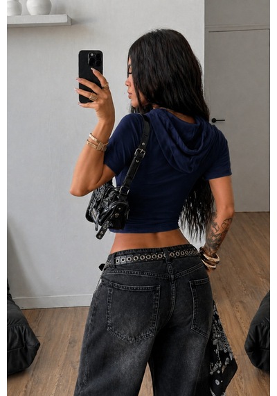 Tarz Cool Kapüşonlu Crop Tişört Fermuarlı Kısa Kollu Kadın Üst Body Lacivert