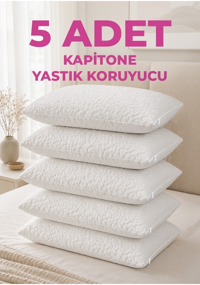 5 Adet Kapitone Yastık Alezi - Fermuarlı - 50x70cm - Nonwoven Beyaz