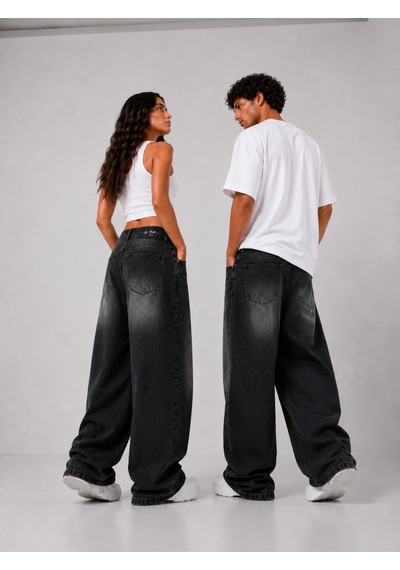 St.poll Vintage Siyah Yıkamalı Unisex Baggy Jean