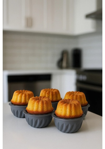 6 Lı Silikon Mini Muffin Kek Kalıbı Antrasit Göbekli Cupcake Kalıbı Isıya Dayanıklı Gri