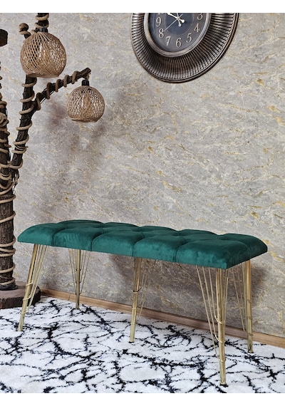 Zafir Metal Gold Tel Ayaklı 100 Cm Puf Bench - Puf - Bench - Oturak - Mutfak Oturağı - Antre Oturağı Yeşil