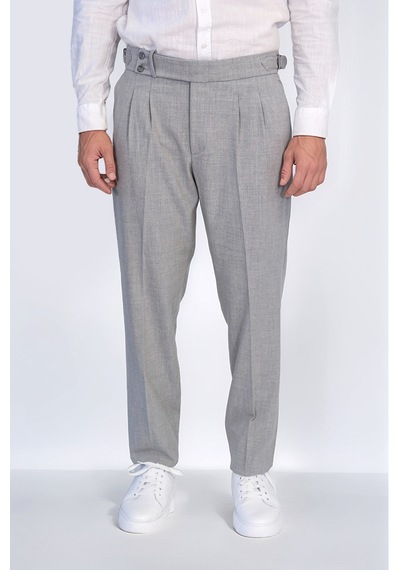 Gri Çift Pileli Tokalı Yüksek Bel Slim Fit Pantolon Wessi Gri
