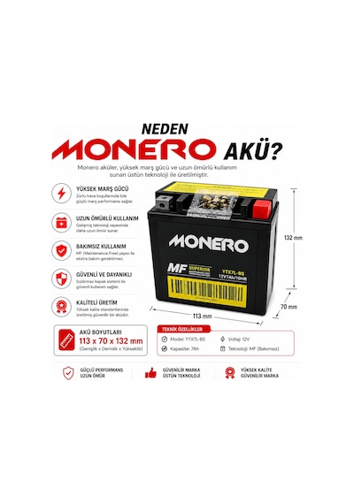 Honda Spacy Aküsü Ytx7l-bs 12v 7ah Bakımsız Mf Akü Monero