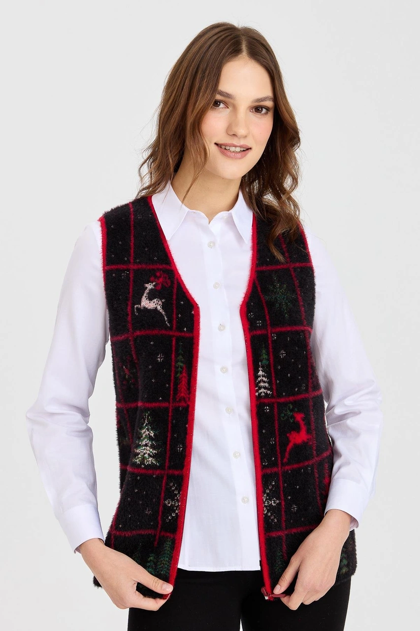 Desen Triko Kadın V Yaka Patchwork Yılbaşı Desenli Yelek Siyah Siyah