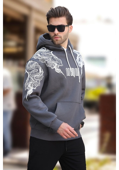 Madmext Füme Kapüşonlu Cep Detaylı Baskılı Erkek Sweatshirt 7052-füme Füme
