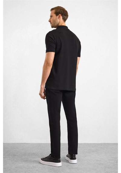 Süvari Siyah Slim Düz Nakışlı Pike Düğmeli Polo Yaka Tişört Ts1014000474-s09
