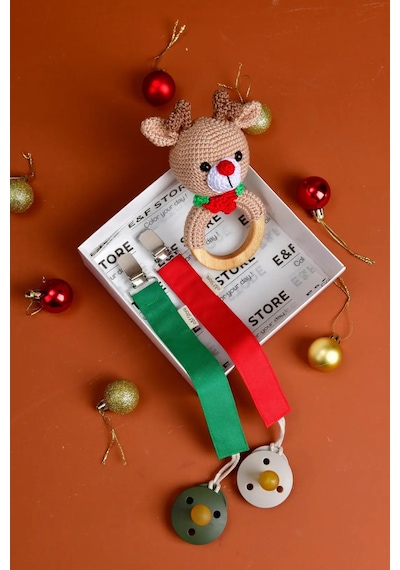E&f Store Amigurumi Geyik Çıngırak Ve Emzik Askısı Yılbaşı Seti Çok Renkli