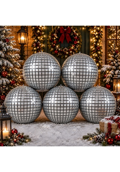Yüksek Kalite 5 Adet 46cm Gümüş Aynalı Disko Topu Yılbaşı Balonu Gümüş Aynalı Disko Topu Folyo Balon