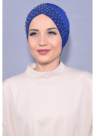 Melodi Scarf Kadın Tesettür İncili Taşlı Havuz Dış Bone Saks Saks