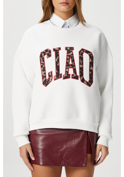 Kadın Ciao Nakışlı İçi Polarlı Leopar Ekru Oversize Seeatshirt Ekru