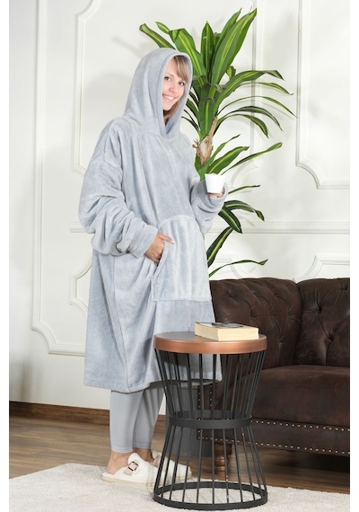 Elart Enjoy Tv Battaniyesi Wellsoft Kapüşonlu Giyilebilir Unisex Over Size 80x110 Cm Gri Gri