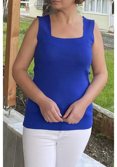 Mia Butik Büyük Beden Saks Mavi Kare Yaka Triko Bluz -1340 Saks Mavi