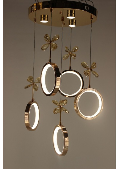 Galaksi Simli Halka Çemberli Seri Kelebek Detaylı Gold Modern Led Avize