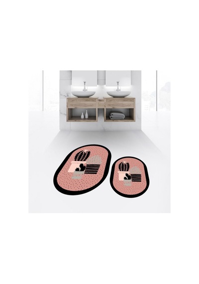 Buççin Online Mağaza Dijital Baskılı Kaymaz Taban Yıkanabilir Oval İkili Banyo Paspas Klozet Takımı, V-o-klozet-22-pembe, Çok Renkli