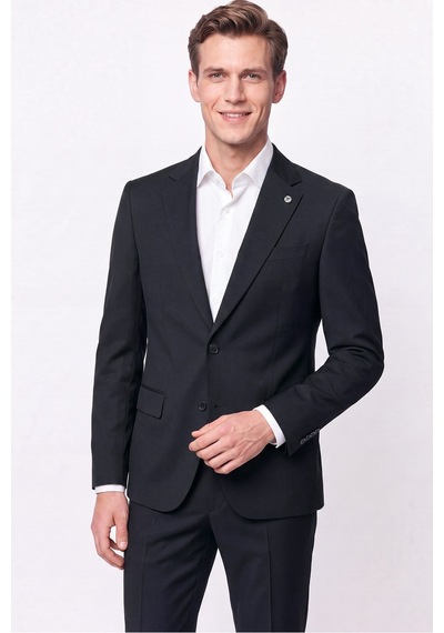 Efor Slim Fit Mono Yaka Çift Yırtmaç Esnek Yünlü Siyah Takım Elbise Tk 947