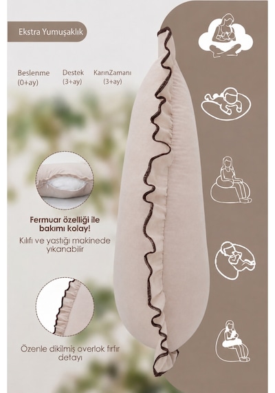 Fırfırlı Emzirme Yastığı, Bebek Destek Minderi, Hamile Yastığı, Pamuk Kumaş, Ruffle Seri, Sand Rengi