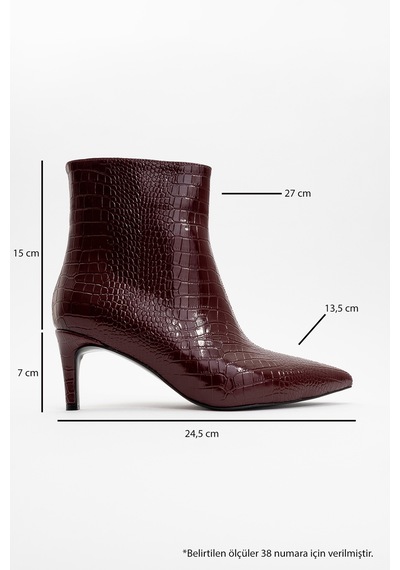 Luvishoes Luvi Shoes Noya Bordo Baskı Sivri Burun Kadın İnce Topuklu Bot Bordo