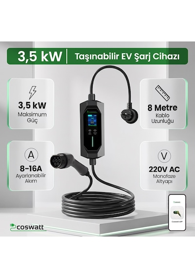 Taşınabilir Şarj Cihazı 3.5 Kw / 16a / Türkçe Menü/ Tip-2 / Ev Tipi Schuko Fiş / 220v Ac / Taşıma Çantası Hediyeli 8m Kablolu 3.7 KW