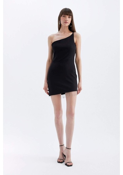 DeFacto Bodycon Vücudu Saran Tek Omuzlu Kolsuz Mini Abiye Elbise D3272AXNSBK27