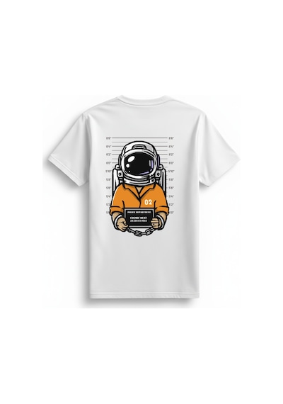 Paybuy Kadın Retro Uzay Temalı Baskılı Kısa Kollu Tişört Astronot Polis Beyaz