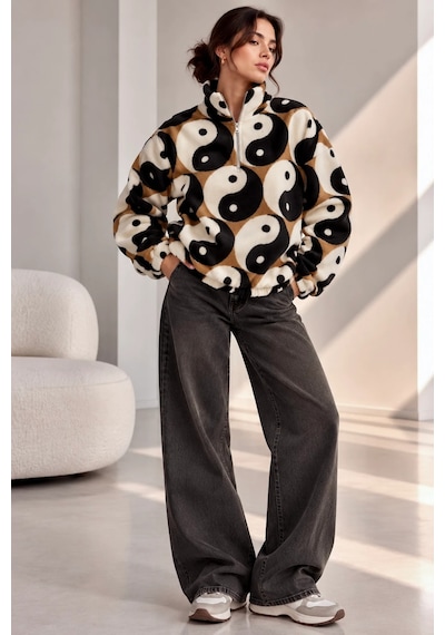 Bbbutikbasic Dik Yaka Yarım Fermuarlı Desenli Polar Sweatshirt My3535 Denge