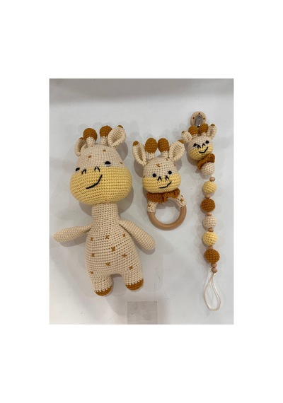 El Örgüsü Zürafa Set Amigurumi + Çıngıraklı Diş Kaşıyıcı + Emzik Zinciri Sarı