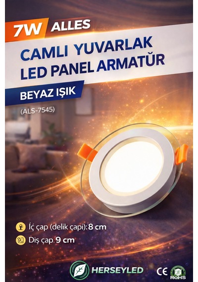 7w Camlı Yuvarlak Led Panel Armatür Beyaz Beyaz