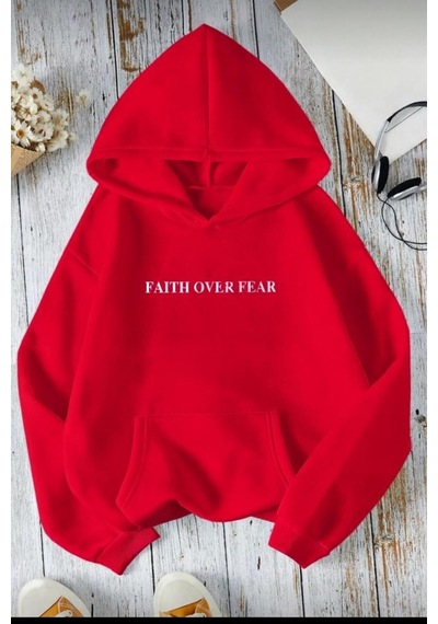 Herkesemoda Fait Over Baskı Detaylı Kapüşonlu Sweatshırt Kırmızı