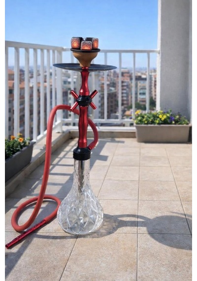 Lüks Cam Nargile Takımı 60 Cm Kırmızı Metal Gövde, Şeffaf Cam Taban 16 Cm, Bahçe Balkon Teras Kullanımına Uygun