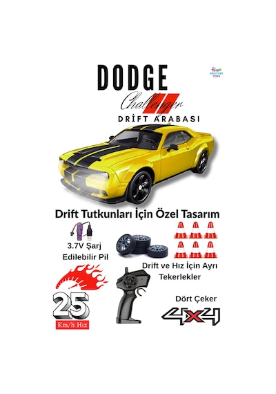 25 Km/h Hız Yapan Dodge Challenger Görünümlü Şarjlı 2.4 Ghz Uzaktan Kumandalı Drift Araba Sarı