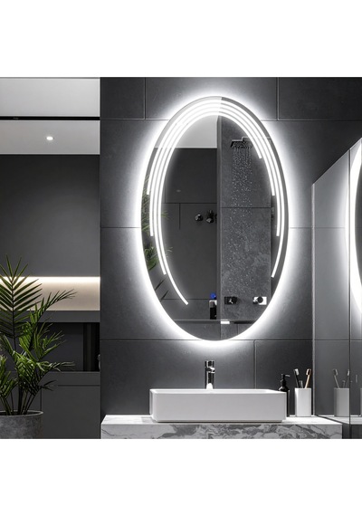 Elliptika Beyaz Led'li Lazer Kumlamalı Lavabo & Banyo Aynası Dokunmatik Sensörlü 55 X 90