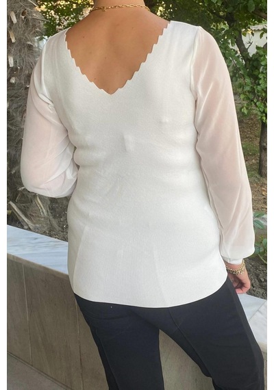 Mia Butik Büyük Beden Beyaz Merdiven Yaka Triko Bluz -1260 Beyaz
