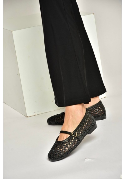 Fox Shoes Y267272709 Siyah Örgü File Görünümlü Kadın Babet Siyah